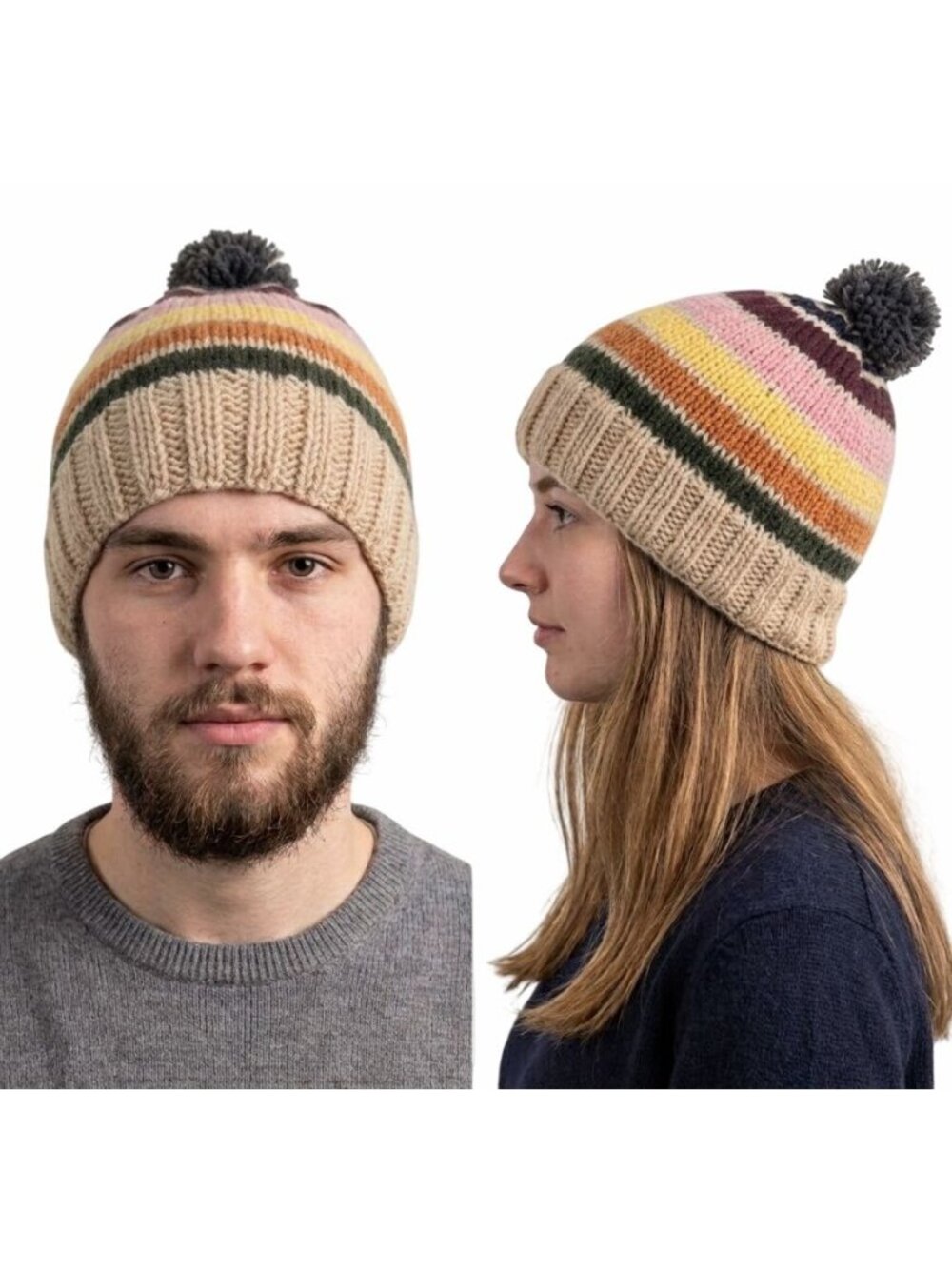 Handmade Chunky Knit Beanie Hat Pom Pom Multicolor Striped Brown Yellow Warm Cap
